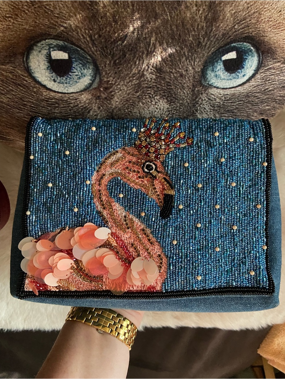 MARY FRANCES Queen Flamingo Embellished Denim Novelty Handbag - Picture 16 of 17